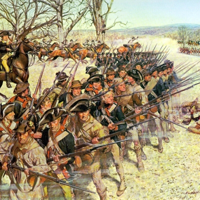 an painted depiction of revolutionary soldiers at battle