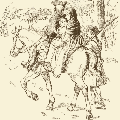 historical drawing of a family on horseback