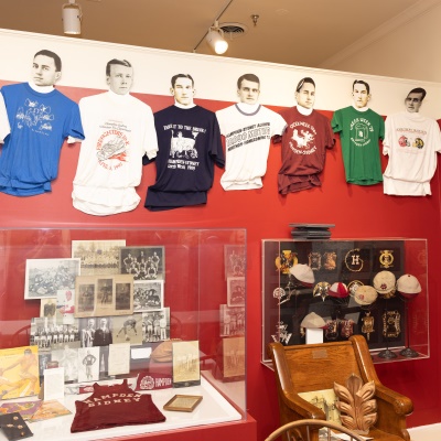 a display of student memorabilia at the Atkinson Museum